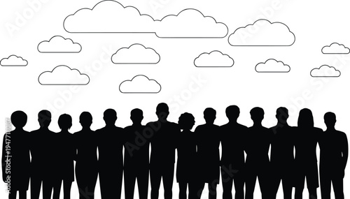 Crowd of people silhouettes under clouds sky, community gathering concept illustration, diverse human group standing together vector design