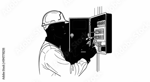 Person wearing hard hat works on electrical panel with wires and switches