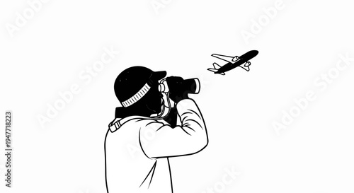 Person wearing cap and jacket looking through binoculars at a plane