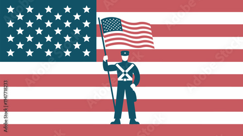 An illustration of a soldier proudly holding the American flag in front of a large US flag background