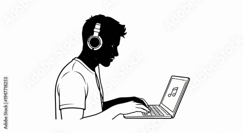 Person wearing headphones typing on a laptop with a music note on screen