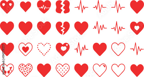 Collection of red heart icons including whole broken and heartbeat designs