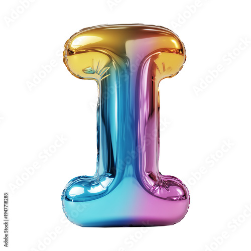 Multicolor metallic inflated balloon letter I shown in glossy style isolated on white background, celebration and festive concept