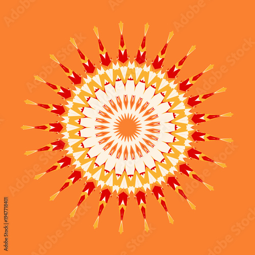 Warm mandala pattern in warm autumn fire scarlet tangerine marigold off-white color palette