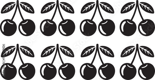Ten black cherry with leaves on white background cherries fruit