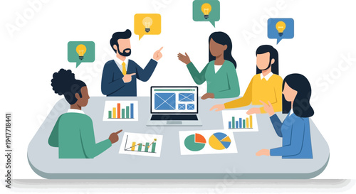 Brainstorming Synergy: A collaborative team gathers around a table, exchanging ideas and generating innovative solutions, symbolized by illuminating light bulbs above their heads.