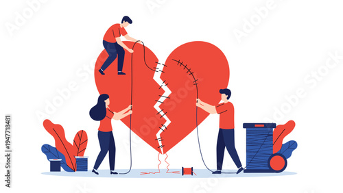 Group of small people working together to sew and mend large broken red heart using needle and thread to restore love bond.