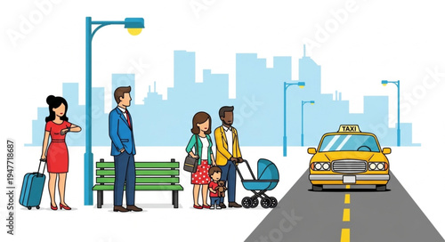 People waiting on city street.