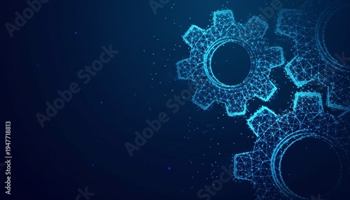 A futuristic illustration of glowing blue gears on a dark background, representing technology and innovation