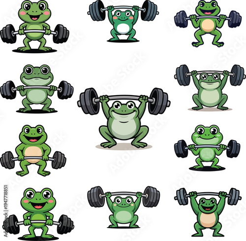 Frogs lifting weights in various dynamic and humorous workout poses