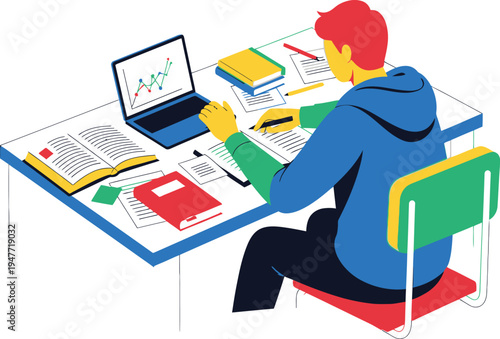 Focused Study: A student immersed in focused study, surrounded by books and data, works diligently at his desk, and fueled by a passion for knowledge.