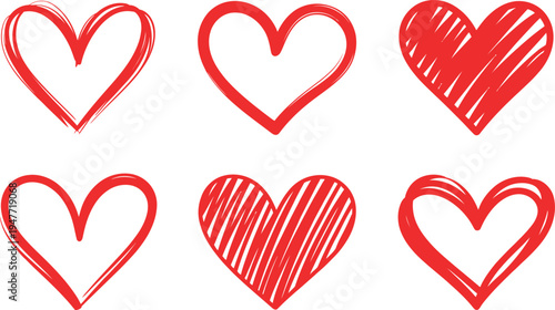 A collection of hand drawn red hearts on a white background varying in style