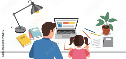 Learning Together: A parent guides their child through a home study session. The scene depicts a warm, collaborative environment filled with books and a laptop, promoting the joy of learning.