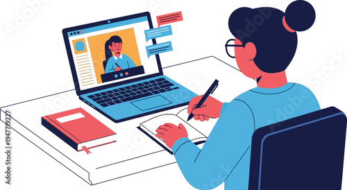 Online Learning & Remote Education: A student engages in an online learning session on laptop at the desk. Taking notes and watching video with a modern learning experience.