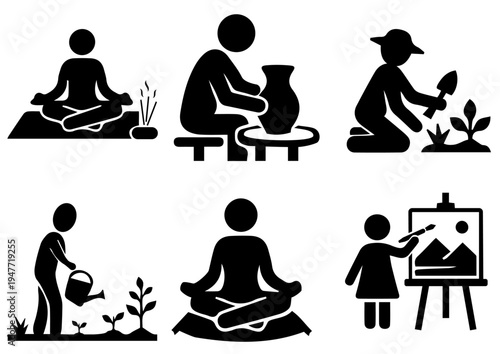 wellness and creative arts icon set with meditation, gardening, pottery and painting vector
