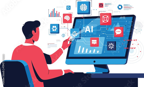 Decoding the Digital Realm: A person immersed in the world of advanced AI, interacting with a vast digital interface on a sleek computer screen, explores the depths of data-driven innovation. 