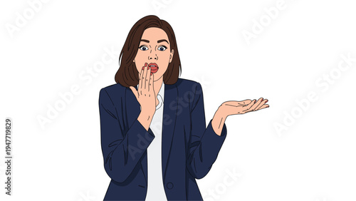 Surprised professional woman in navy blazer covering her mouth in shock while gesturing with her other hand in disbelief.