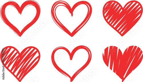 A collection of six red hearts with varying scribble and line textures