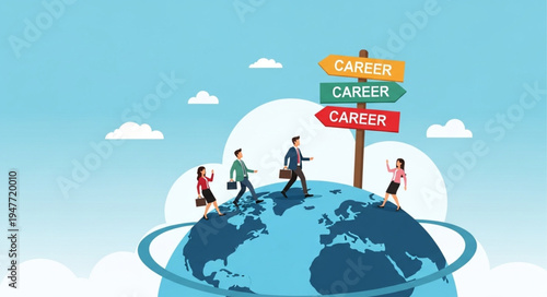 People on globe with career signs.