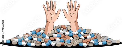 Drug overdose concept illustration with hands trapped under pills, medication abuse crisis, addiction awareness healthcare vector design