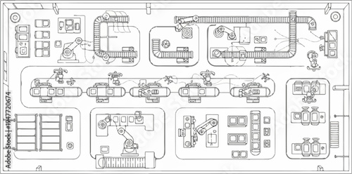 Overhead view of an automated factory assembly line with robotic arms and conveyors