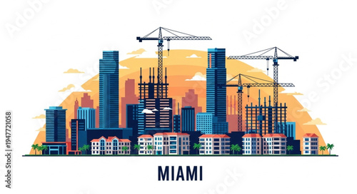 Miami Cityscape Under Construction with Cranes and Skyscrapers.