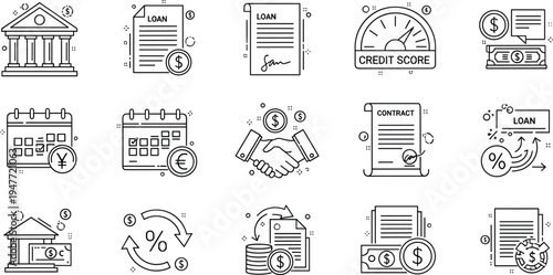 Bank loan and financial contract line icon set with credit score payment interest rate illustration