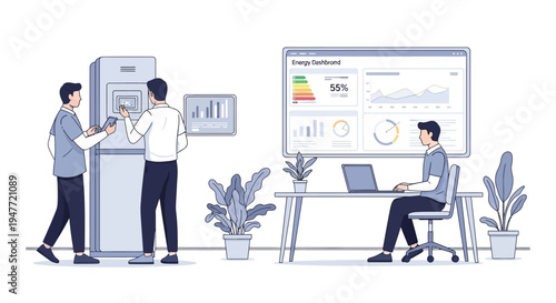 Team collaborating on energy efficiency data analysis in modern office.