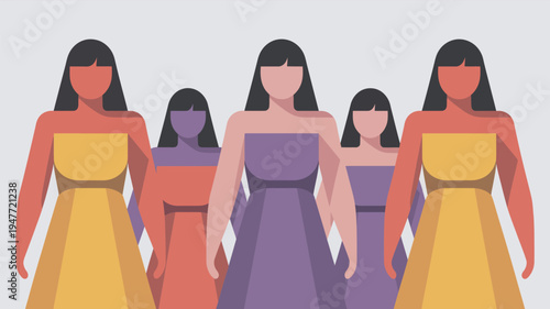 A diverse group of women standing together in colorful dresses, symbolizing unity and equality.