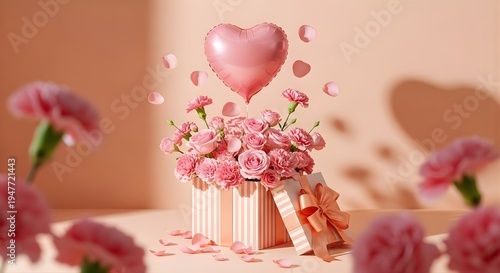Beautiful mother's day bouquet with pink flowers and heart balloon