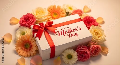 Happy mother's day gift box with beautiful flowers and ribbon