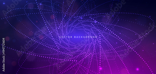 Abstract neon blue and purple light glowing dot pattern on dark background.