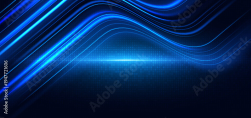 Blue light horizontal on dark blue background. Speed motion moving movement concept.