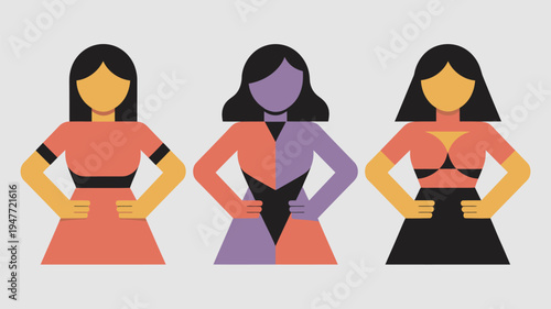 Three confident women standing together in colorful outfits and different poses