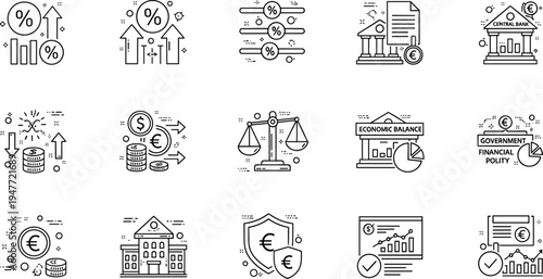 Financial economy and banking line icon set with economic balance government financial policy illustration