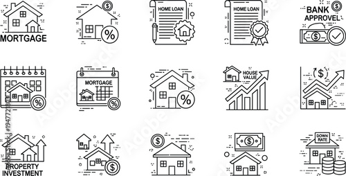 Mortgage and real estate finance line icon set with home loan bank approval property investment illustration