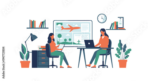 Two women working on laptops in a modern office setting.