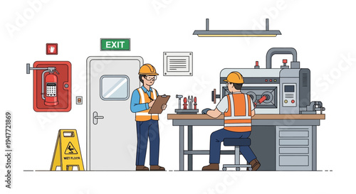 Two workers in safety vests and hard hats in a factory setting.
