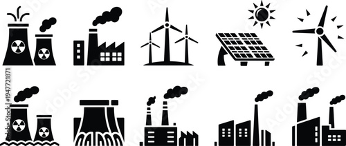Nuclear power plant, wind turbines and solar panels icons set, renewable and industrial energy production symbols isolated illustration