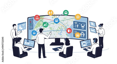 Team Collaborating on Futuristic Digital Control Room Interface.