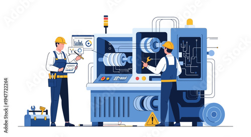 Two engineers working on advanced industrial machinery.