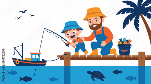 Father and son enjoying a fishing trip together on a wooden dock with a boat and palm tree in the background