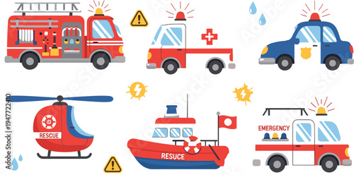 Emergency rescue vehicles illustration set with fire truck ambulance police car helicopter rescue boat safety service