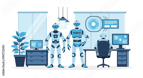 Two humanoid robots standing in a modern office setting.