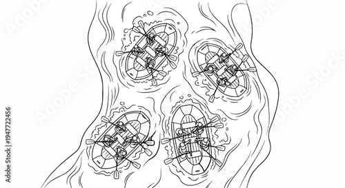 Overhead view of four rafts with paddlers navigating a winding river