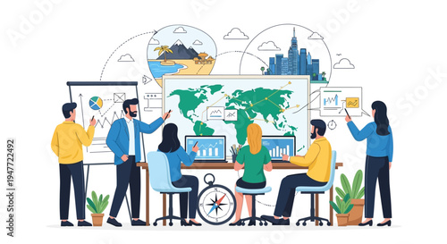 Team Collaborating on Global Business Strategy with Data Visualization.