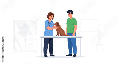 Veterinarian Examining Dog with Owner Present.
