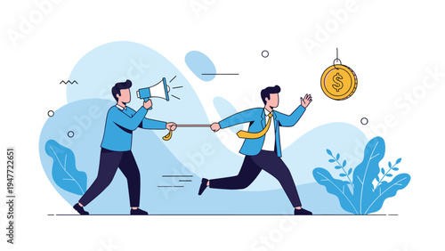 Motivated businessman chasing large gold coin while another man encourages him with megaphone to achieve financial success and goals.