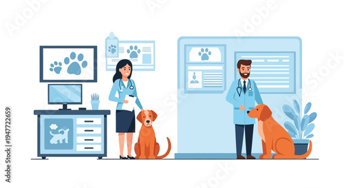 Veterinarian Examining Dogs in Clinic Setting.