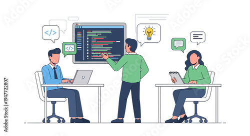 Team collaborating on a coding project with a teacher explaining code.